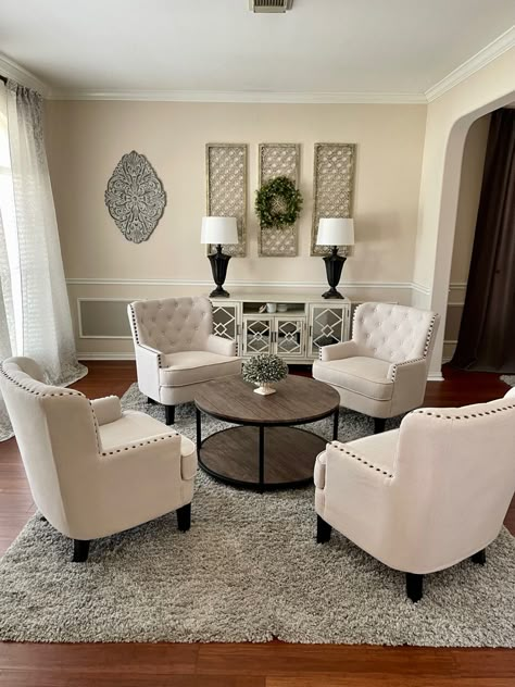 Den Sitting Room Ideas, Entryways That Open Into Living Room, Conversation Chairs Living Room, Farmhouse Seating Area, Sitting Room Ideas Small Simple, Front Entrance Sitting Area, Sitting Area In Dining Room Small Spaces, Seating Area In Living Room 4 Chairs, Alternate Ideas For Formal Dining Room