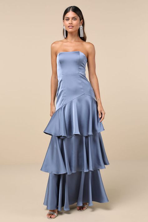 Blissfully Beautiful Slate Satin Strapless Tiered Maxi Dress Blue Wedding Guest Dresses, Bridesmaid Dresses Satin, Blue Dress Formal, Tiered Ruffle Skirt, Guest Attire, Strapless Neckline, Formal Dresses Gowns, Black Satin Dress, Wedding Attire Guest