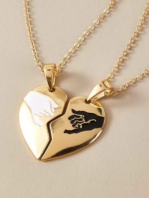 2pcs Half Heart Charm Necklaces | SHEIN EUR Half Heart, Bff Jewelry, Heart Decor, Friendship Necklaces, Couple Necklaces, Heart Pendant Gold, Charm Necklaces, Handmade Wire Jewelry, Heart Decorations