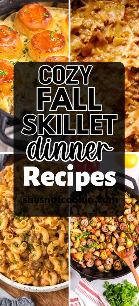 Fall skillet dinner photo college with text overlay. 1 Pot Skillet Meals, Quick And Easy Dinner Recipes For Fall, Grilled Dinner Ideas Fall, Steak Skillet Meals, Quick And Easy Dinner Recipes Stovetop, Lightweight Dinner Recipes, One Skillet Recipes Easy, One Pan Stovetop Meals, Simple Skillet Meals