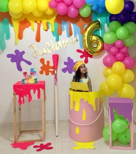 Paint Party Decorations Art Birthday, Art Party Backdrop Ideas, Paint Party Backdrop, Art Party Decorations, Art Themed Party, Kids Painting Party, Slime Birthday, Painting Birthday Party, Artist Birthday