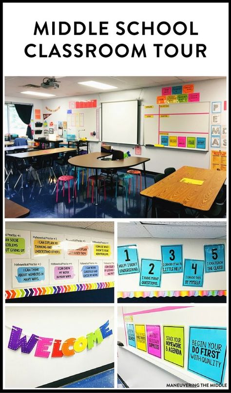 Great ideas and inspiration in this middle school classroom reveal - from decorating to small group areas to hanging posters and anchor charts. | maneuveringthemiddle.com Seating Chart Classroom, Classroom Decor Middle, Middle School Classroom Decor, Classroom Decor High School, Middle School Math Classroom, Classroom Tour, Spring Decoration, Exit Tickets, Middle School English