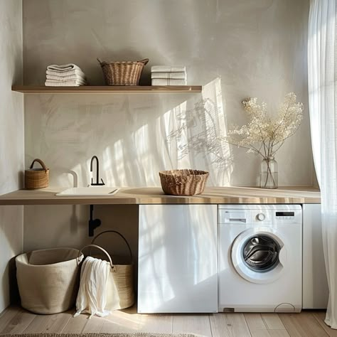 Laundry Room Design Japandi, Utility And Laundry Room Ideas, Laundry Room Wabi Sabi, Limewash Laundry Room, Japandi Laundry Room Ideas, Minimalistic Laundry Room, Laundry Mediterranean, Wabi Sabi Laundry Room, European Laundry Room