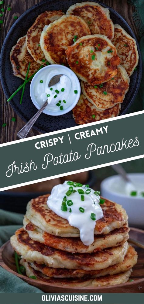 Wondering what to do with leftover mashed potatoes? This is an easy Irish recipe that has everyones two favorite things; cheese and potatoes! Boxty is the Irish version of potato pancakes! They are crispy on the outside, creamy on the inside and loaded with cheese. Very suitable for a hearty Irish breakfast on St. Patrick’s Day or anytime! Irish Potato Pancakes Recipes, Boxty Irish Potato Pancakes, Irish Pancakes Recipe, Winter Potato Recipes, Easy Irish Dinner Recipes, Irish Breakfast Ideas, Traditional Irish Dessert Recipes, Irish Breakfast Recipes, St Patrick Day Food