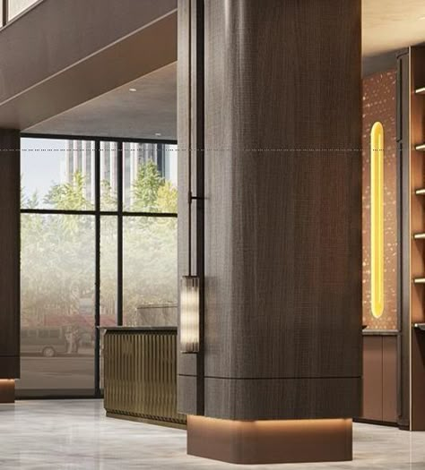 Column Design Interior, Interior Design Luxury Modern, Column Cladding, Column Detail, Lobby Designs, Modern Restaurant Design, Cladding Design, Pillar Design, Hotel Entrance