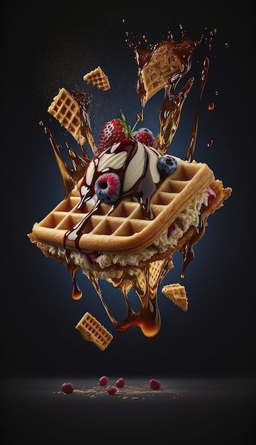 Waffle Illustration Art, Waffle Art, Waffles Photography, Waffles With Chocolate, Pancake Drawing, Waffle Shop, Dark Gray Background, Food Photography Background, Crepes And Waffles