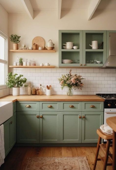 Cottage Kitchen Renovation, Small Cottage Kitchen, Green Cabinets, Kitchen Inspiration Design, Cottage Kitchen, Green Kitchen, Home Design Decor, Kitchen Remodel Idea, Kitchen Sets