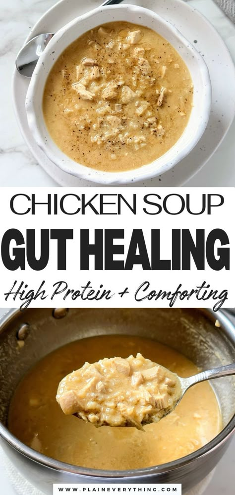 Easy High Protein Chicken Congee Soup Chicken Congee Recipe, Gut Healing Soup, Chicken Congee, Congee Recipe, Postpartum Meal Prep, High Protein Recipe, Postpartum Meal, Health Soup, High Protein Chicken