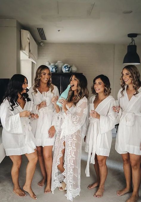 bridal party in matching sleepwear and robes from homebodii Bridal Robes Getting Ready, Bridesmaid Get Ready Outfit, Bridal Robe Lace, Bridal Party Getting Ready, Bridal Pajamas, Lace Bridal Robe, Dreamy Wedding Dress, Bridal Party Outfit, Bridesmaid Getting Ready