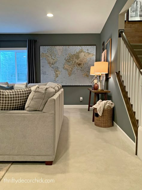 Going super cozy and comfy in the basement! from Thrifty Decor Chick Basement Wall Colors, Basement Paint, Basement Colors, Basement Paint Colors, Basement Rec Room, Basement Decoration, Basement Painting, Basement Living Room, Acnh Basement