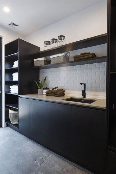 laundry-room-ideas-dark-colours Laundry Dark Cabinets, Black Laundry Room Ideas Modern, Laundry Room Ideas Dark Cabinets, Black Subway Tile Laundry Room, Modern Black Laundry Room, Black Laundry Cabinets, Laundry Room Cabinets Modern, Black Tile Laundry Room, Black Utility Room