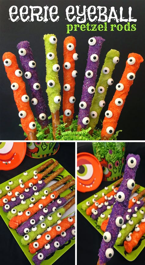 Green Pretzel Rods, Halloween Pretzel Rods, Halloween Pretzels Rods, Edible Eyeballs, Colored Chocolate, Melted Candy, Halloween Pretzels, Baking Rack, Dessert Halloween