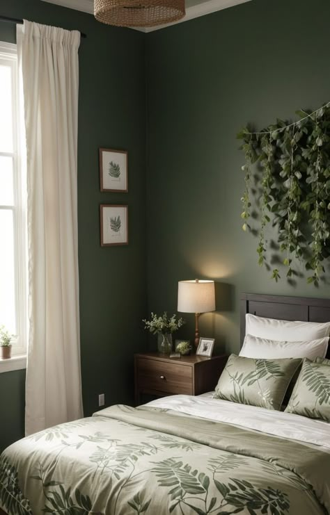 Forest Bedroom Aesthetic, Forest Green Aesthetic, Forest Green Bedrooms, Enchanted Forest Bedroom, Green Room Ideas Bedroom, Olive Green Bedrooms, Green Bedroom Walls, Forest Bedroom, Green Bedroom Decor