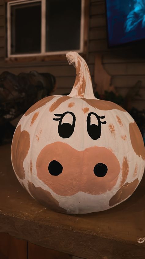 Things To Paint Your Pumpkin, Brown Cow Pumpkin Painting, Cow Pumkin Painting, Pink Cow Pumpkin Painting, Desert Pumpkin Painting, Painted Cow Pumpkin Ideas, Cow Painted Pumpkin Ideas, Painted Pumpkin Farm Animals, Pumpkin Cow Painting Ideas