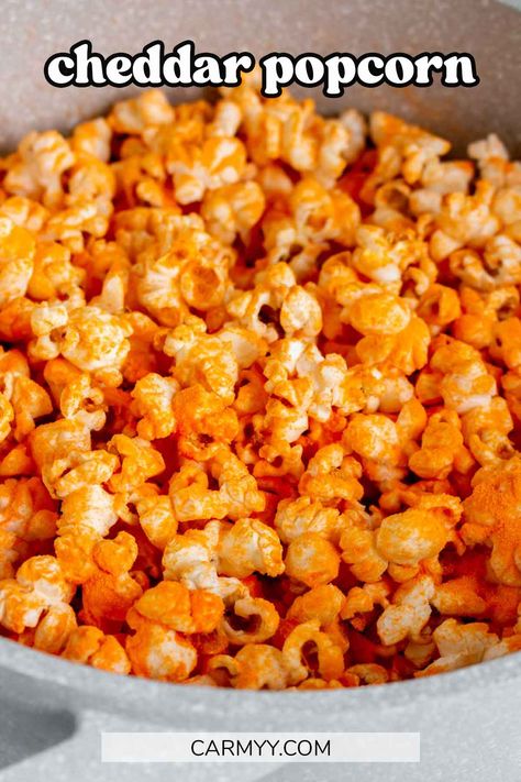 This Cheddar Popcorn is the perfect cheesy treat. This cheesy popcorn is perfect for your next movie night or just as a standalone snack. This homemade cheddar cheese popcorn comes together quickly and easily on the stovetop. Cheddar Popcorn Recipe, Popcorn Recipes Cheese, Nutritional Yeast Popcorn, Jalapeno Popcorn, Homemade Cheddar Cheese, Cheesy Popcorn, Cheddar Cheese Powder, Popcorn Recipes Caramel, Cheese Popcorn