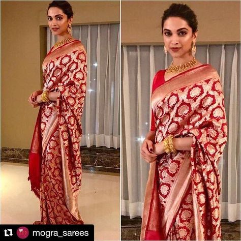 #Repost @mogra_sarees ・・・ @deepikapadukone in a beautiful brocade Banarasi saree.  Pic courtesy #pinterest @leenainamke in a @malkha.india… Deepika Padukone Saree, Red Saree Wedding, Mango Necklace, Saree Red, Designer Sarees Wedding, Bridal Sarees South Indian, Banarsi Saree, Raw Mango, Sari Dress