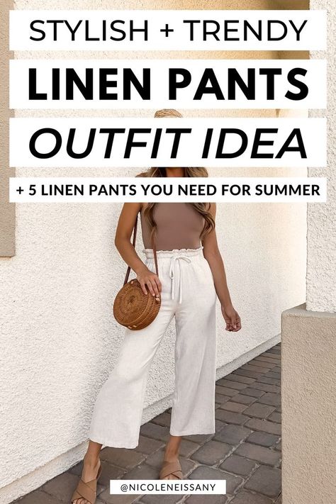 Linen pants outfit idea for womens summer outfits and beach looks Linen Pants Outfit Summer Casual, Resort Casual Attire Women, Outfit Ideas For The Beach, Beige Linen Pants Outfit, Chill Summer Outfit, Linen Pants Outfit Summer, Pants Women Outfit, Pants Summer Outfit, Women Summer Outfit Ideas