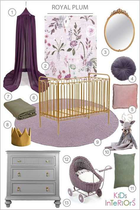 Purple Baby Nursery Ideas, Nursery Wall Inspiration, Gem Tone Nursery, Purple Nursery Aesthetic, Plum And Pink Nursery, Purple Nursery Color Palette, Dusty Purple And Sage Nursery, Nursery Purple, Plum Nursery