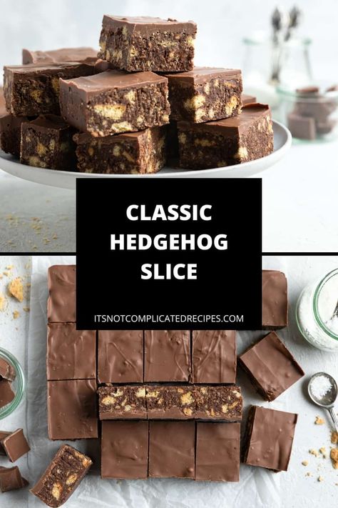 This Hedgehog Slice is the ideal no-bake chocolate dessert. It is quick to make and easily adapted to be gluten-free. Crushed biscuits, coconut and chocolate combine for one of the most simple yet delicious sweet treats! Hedgehog Slice, Chocolate Treats Easy, No Bake Chocolate Desserts, No Bake Slices, Slice Recipes, Complicated Recipes, Best Brownie Recipe, Chocolate Slice, Tray Bake Recipes