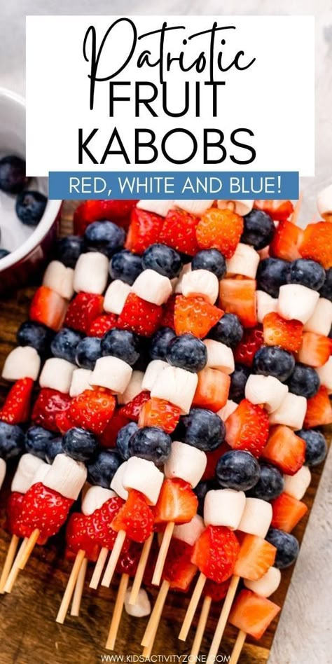 Quick, easy fun party food for the summer! These Red, White and Blue Fruit Kabobs are the perfect patriotic themed recipe for your Memorial Day and 4th of July picnics. So easy to make that the kids can help. Plus, they love to eat them too! Red White Blue Side Dish, Memorial Day Fruit Kabobs, Red White And Blue Kabobs, Red White And Blue Themed Birthday Party, Fourth Of July Kabobs, Fun Summer Food For Kids, Red White And Blue Birthday Party Ideas, Easy 4th Of July Potluck Ideas, Red White Blue Party Ideas