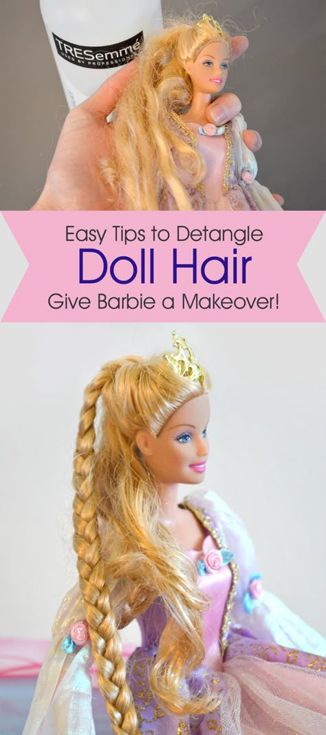 How to Detangle Doll Hair - Barbie Makeover Tips! - Create. Play. Travel. Baby Doll Hair Repair, How To Clean Barbie Dolls, How To Clean Barbie Hair, How To Detangle Barbie Doll Hair, Fix Barbie Doll Hair, How To Fix A Dolls Frizzy Hair, Fixing Barbie Hair, Detangling Doll Hair, How To Fix Barbie Hair