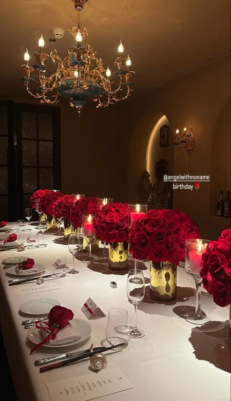 Valentines Table Setting Dinner Parties, Red Engagement Party Decorations, Luxe Party Aesthetic, Tablescapes Birthday Dinner, All White Rehearsal Dinner Party, Alpha Phi Red Dress Gala Decorations, Old Hollywood Glamour Table Decor, Burgundy Theme Birthday Party, Classy Birthday Themes For Women