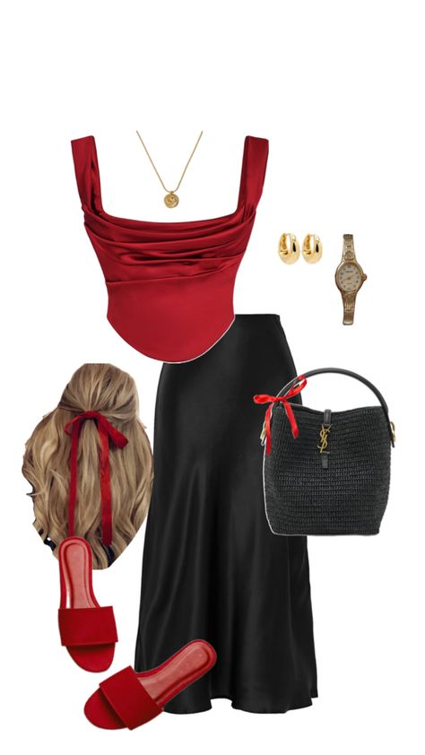 Black skirt - red outfit - ribbon - hair ribbon - red Bordeaux Outfit Summer, Red Top With Skirt, Red And Black Casual Outfit Ideas, Red Ribbon Outfit, Red Skirt Outfit Summer, Red Skirt Aesthetic, Black And Red Outfit Classy, Red Inspired Outfits, Red Satin Skirt Outfit