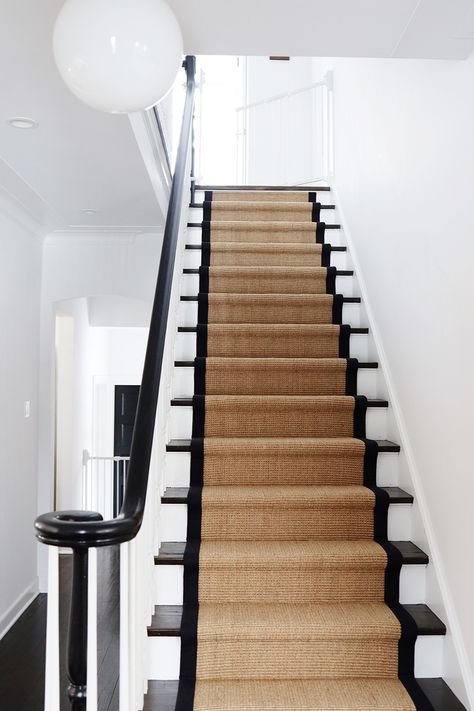 Our Sisal Stair Runner Separator % % Separator Danielle Moss Stair Runner Carpet Dark Wood, Runner On Stairs With Landing, Stair Runner Ideas, Sisal Stair Runner, Stairway Gallery, Stairway Gallery Wall, Staircase Runner, Staircase Makeover, Stair Carpet