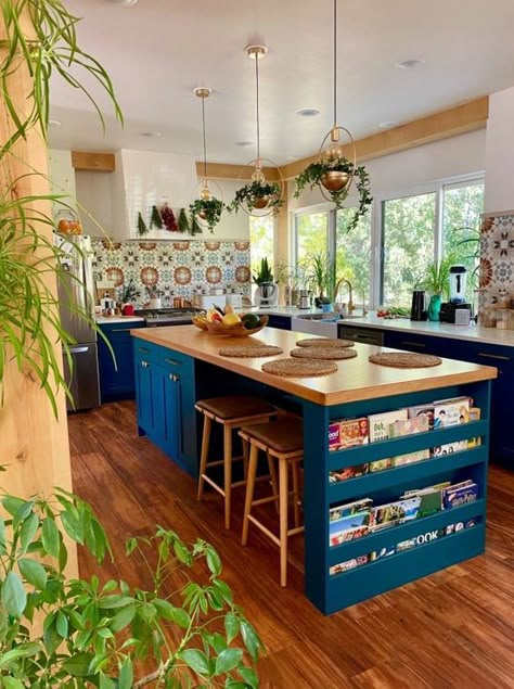 Blue Kitchen Wood Counter, Counter Seating In Kitchen, Kitchen Condo Ideas, Navy Blue And Wood Kitchen, Wood And Color Kitchen, Boho Vintage Kitchen, Bright Colorful Kitchen, Basement Kitchen With Island, Kitchen In Room