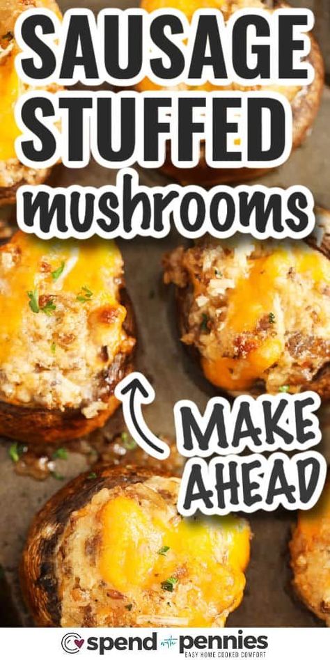 Stuffed mushrooms are so easy to make and can even be made ahead of time. These are an impressive side dish or appetizer, stuffed with cheese, sausage and onion filling, topped with more cheese and then baked until golden brown! We love this easy appetizer! #sausagestuffedmushrooms #stuffedmushrooms #appetizer #spendwithpennies Salted Beef Recipe, Stuffed Mushrooms With Sausage, Sausage Stuffed Mushrooms Easy, Roasted Mashed Potatoes, Easy Stuffed Mushroom Recipe, 1 Cup Pumpkin Puree, Make Sausage, Stuffed Mushrooms Easy, Sausage Stuffed Mushrooms