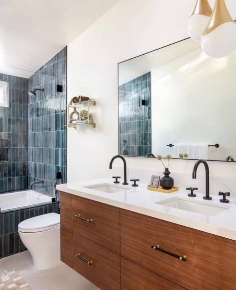 mid-century modern small bathroom ideas - Bold Accent Tiles Bathroom Blue Grey, Blue Bathroom Remodel, Modern Mid Century Bathroom, White Shower Tile, Small Half Bathroom, Modern Small Bathroom Ideas, Blue Bathrooms, Green Subway Tile, Modern Small Bathroom