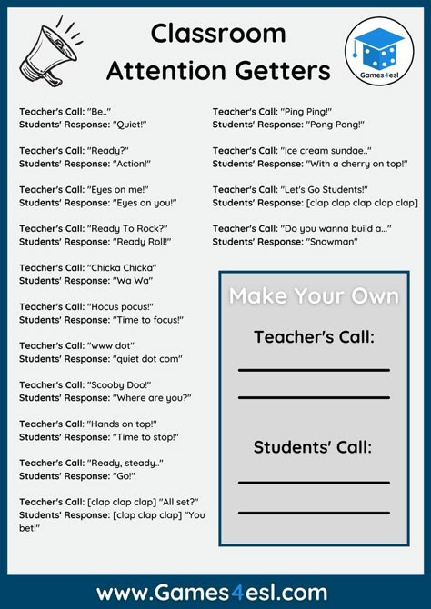 Try these classroom attention getters when your class is being to noisy. These are 15 fun call and response attention getters. Download and print and get students to make their own. Classroom Attention Grabbers, Classroom Attention Getters, Substitute Teacher Resources, Kindergarten Songs, Teaching Classroom Management, Attention Getters, Substitute Teaching, Attention Grabbers, Classroom Strategies