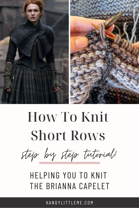 How to knit short rows using WT the wrap and turn method. You will see a step by step photo tutorial and video in this post. This will help you to knit the Outlander Brianna Capelet pattern. Short rows are used to shape the capelet in the knitted fabric. #shortrows #wrapandturn #knitting #knittingtutorial #shortrowstutorial #briannacapelet Short Row Shawl Knitting Pattern, Knitted Capelet Pattern Free, Free Knitting Pattern Shawl, Wrap And Turn Knitting, Outlander Crochet, Outlander Brianna, Cape Knitting Pattern, Cape Pattern Free, Knit Capelet