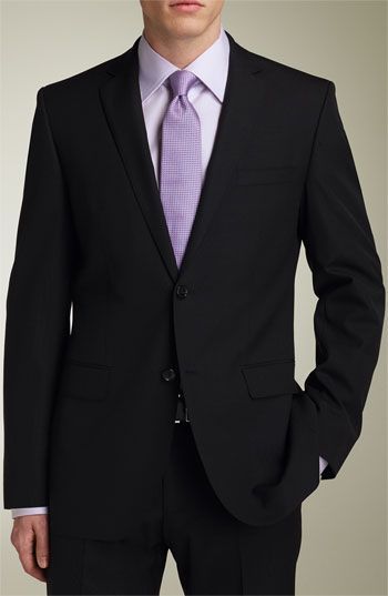 MENSWEAR : black suit, light gray or white shirt, lavender tie Chambelanes Outfits, White Tuxedo Wedding, Purple Tuxedo, Purple Quince, Lavender Shirt, Lavender Tie, Black Suit Wedding, Costume Noir, Purple Suits