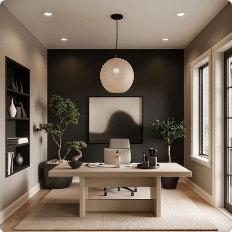 Office With Black Wall, Calm Study Aesthetic, Home Office Entryway, Home Office Black Wall, Fashion Designer Office Interior, Moody Modern Office, Modern Moody Office, Desk In The Middle Of The Room, Neutral Office Aesthetic