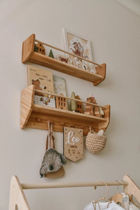 Nursery Shelves Wall Decor, Montessori Baby & Kids Room Shelves, Wood Floating Shelf With Hooks, Babyroom Decoration, Toddler Gift - Etsy Nursery Wood Shelves, Vintage Baby Dresser, Wall Mounted Bookshelves Nursery, Montessori Nursery Decor, Vintage Wall Bookshelf, Boy Nursery Shelves, Wall Mount Bookshelf, Brown Nursery Furniture, Nursery Shelves Decor