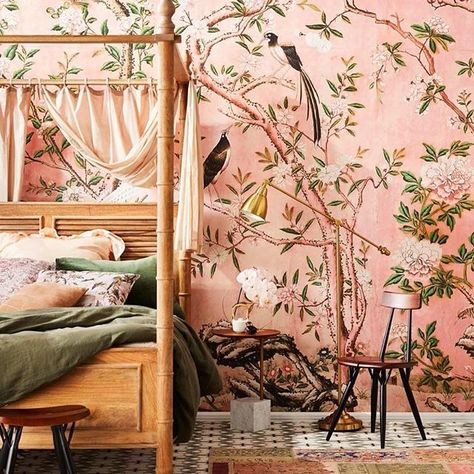 fun print wallpaper #home #style Magnolia Mural, Pink Wallpaper For Walls, Wallpaper Unique, Magnolia Wallpaper, Pastel Pink Wallpaper, Primary Bath, Chinoiserie Wallpaper, Wallpaper Decor, Design Minimalista