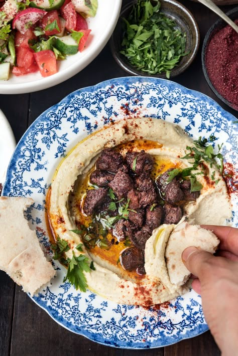 Hummus with Sumac-Spiced Spring Lamb - WILD GREENS & SARDINES Sumac Lamb, Arabisk Mad, Arab Food, Spiced Chickpeas, Doner Kebab, Middle Eastern Cuisine, Tomato Cucumber, Lebanese Food, Carb Free