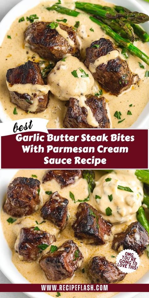 Craving a steak dinner that impresses without the fuss? Garlic Butter Steak Bites with Parmesan Cream Sauce is your answer! This savory dish pairs perfectly with sides and elevates your meal experience. Don’t forget to save this recipe for your next steak night! Parmesan Cream Sauce Recipe, Juicy Steak Bites, Easy Steak Dinner, Sear Steak, Steak Dinner Sides, Garlic Butter Steak Bites, Butter Steak Bites, Steak Dinner Recipes, Steak Night