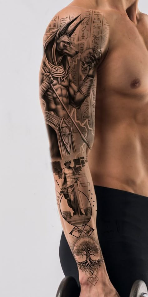 Cool Arm Sleeves For Men, All Arm Tattoo Men, Best Sleeve Tattoos Men Design, Tattoo For Men On Arm Ideas, Man Sleeve Tattoo Ideas, Anubis Arm Tattoo, Anubis Sleeve Tattoo, Mans Tattoo Arm, Egypt Sleeve Tattoo