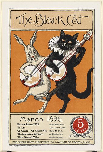 Title: The black cat, March 1896. Boston, Mass. : The Shortstory Publishing Co.  Summary: A cat and rabbit are playing banjos.  Collection: American Art Posters 1890-1920 Cat Magazine, The Black Cat, Black Cat Art, Paul Gauguin, Halloween Vintage, Cat Posters, Public Domain Images, Cat Playing, Vintage Cat