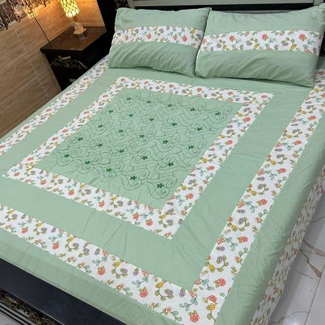 ❁﷽❁* Cotton 3PC *PatchWork work* Bedsheets Stuff= Cotton *Export Quality stitched* *Center Embroidered* After wash colors and fabric Guarantee💯 1 Sheet 90"×95" 2 Pillow Covers 19"×29" *Double bed= king size*👑 Retail price:*1250Fix* For order WhatsApp no 03221638465 Patch Work Bedsheets Design, Patchwork Bedsheets, Bed Sheets Ideas, Work Bed, Bed King Size, Bed Cover Design, Cushion Embroidery, Bed King, Cotton Bedsheets