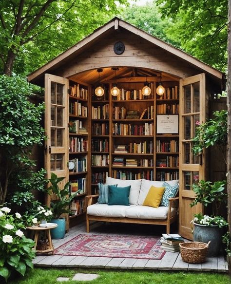 Outdoor Library Design, Book Library Outdoor Diy, Rustic She Shed Interior Ideas, She Shed Loft, She Shed Library, Reading Shed, She Shed Interior, Garden Library, Garden Room Ideas