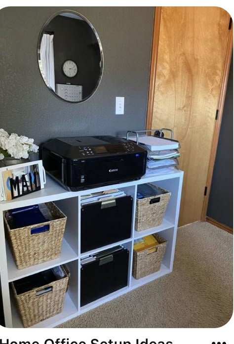 Cube Organizer Office Ideas, Home Business Office Organization, Scentsy Office Ideas Organizations, Small Office Space Organization, Office With Cube Storage, Desk And Printer Set Up, Cubicle Storage Ideas Bedroom, Ideas For Home Office Small Spaces, Masculine Office Ideas Business