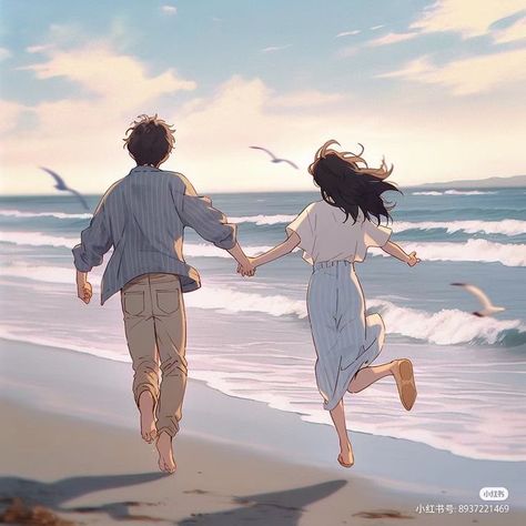 Falling In Love Painting, Canvas Art Painting Abstract, Beach Drawing, Arte Peculiar, Anime Vs Cartoon, Beach Illustration, Romantic Anime Couples, Cute Couple Drawings, Couple Illustration