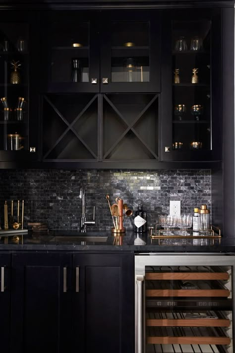 Black Bar Countertop, Black Cabinet Basement Bar, Moody Dry Bar, Black Basement Bar, Moody Bar Design, Black Bar Design, Black Wet Bar, Moody Basement Bar, Black Home Bar