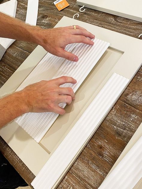 DIY Fluted Cabinet Doors - Jenna Sue Design Fluted Cabinets Bathroom, Cabinet Renovation Diy, Diy Small Wall Cabinet, Diy Doors For Cabinet, Dowel Rod Cabinet Door, Fluted Shaker Cabinet, Reeded Cabinets Diy, Add Texture To Cabinet Doors, Refurbished Cabinet Doors