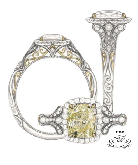 A yellow diamond set with gold prongs is surrounded by a french set halo and framed by diamond petal shoulders with a waving profile that through the side view show gold filigree. Yellow Diamond Drawing, Elegant Yellow Halo Design Jewelry, Yellow Diamond Cut Fine Jewelry, Yellow Halo Rings Fine Jewelry, Elegant Yellow Diamond Ring Hallmarked, Ring Sketch, Jewellery Design Sketches, Jewelry Design Drawing, Diamond Halo Ring