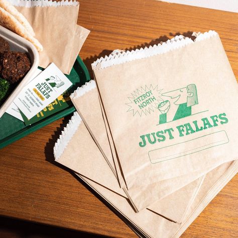 Lachlan Philp on Instagram: “Custom type and character we created over at @weekdaysdesign for Fitzroy’s Finest Falafel @justfalafsmelbourne 🥙” Diner Branding, Custom Type, Bag Illustration, Delivery Bag, Popcorn Bags, Design Guidelines, Sandwich Shops, Sandwich Bags, Brand Building