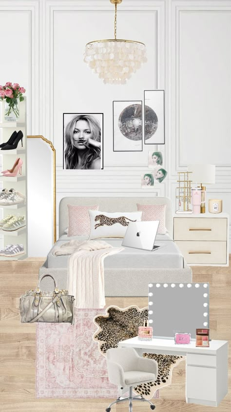 #room #decor #leopardprint Roller Rabbit Room Aesthetic, Cozy White And Gold Bedroom, Glamour Room Ideas Bedrooms, Fashion Inspired Room Decor, New York Aesthetic Room Decor, Cute Chair For Room, Europe Room Aesthetic, Designer Aesthetic Room, Designer Themed Bedroom